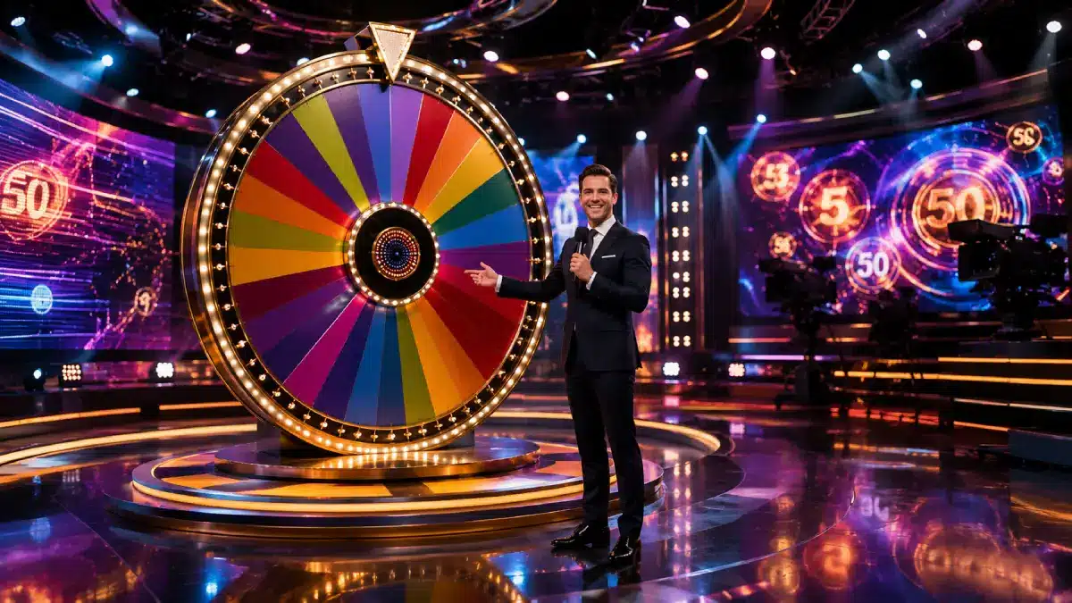 Live-Casino-Game-Show mit Moderator, Glücksrad und moderner Studiotechnik