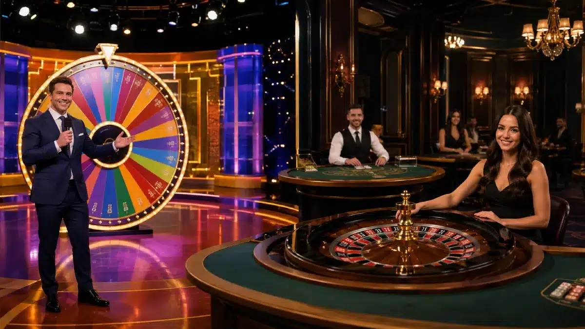 Live-Game-Show mit Glücksrad neben klassischen Roulette- und Blackjack-Tischen