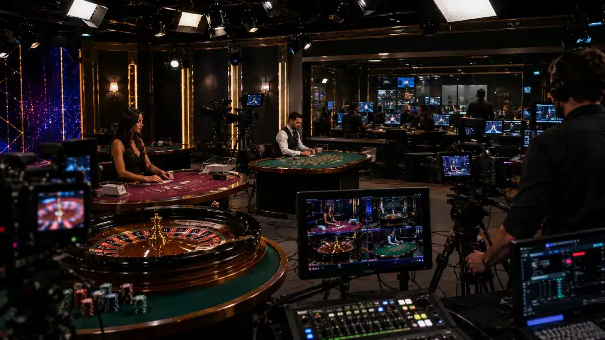 Professionelles Live-Casino-Studio mit Kameras, Beleuchtung und Spieltischen