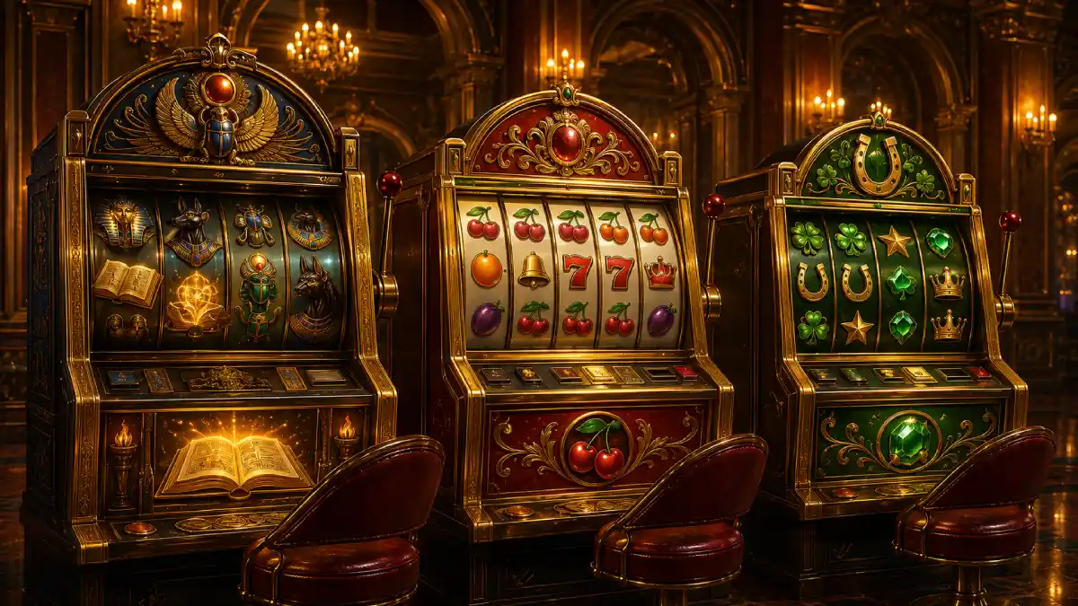 Buch-Slot, Fruchtmaschine und Glückssymbole als Motive klassischer Spielautomaten