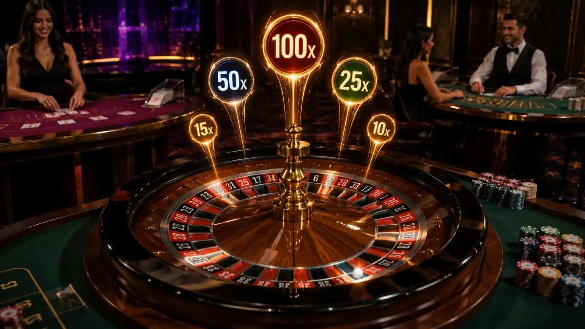 Live-Roulette mit hervorgehobenen Multiplikatoren sowie Blackjack und Baccarat