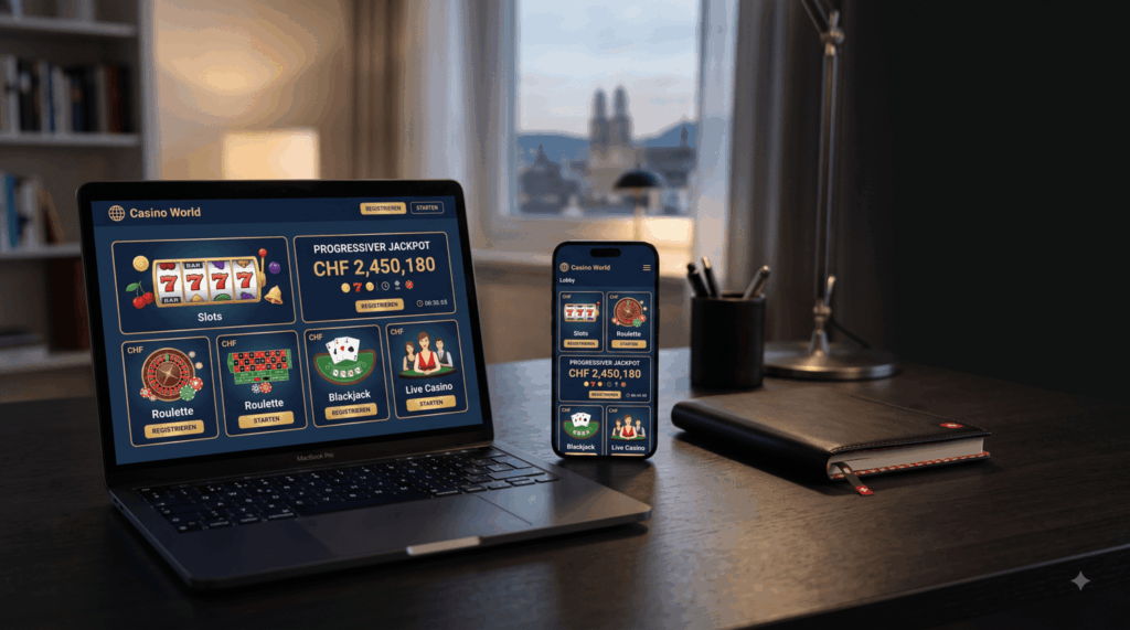 Microgaming Casino auf Laptop und Smartphone mit Slots, Tischspielen und Jackpot-Anzeige
