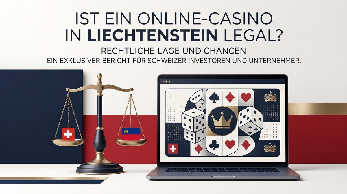 Laptop mit Casino-Symbolen, Waage sowie dezenten Hinweisen auf die Schweiz und Liechtenstein.