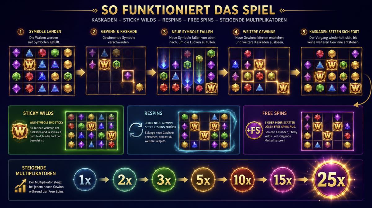 Slot-Mechaniken mit Kaskaden, Sticky Wilds, Respins und Multiplikatoren