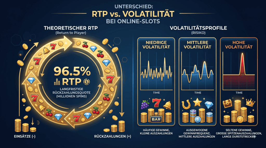 Vergleich von RTP sowie niedriger, mittlerer und hoher Slot-Volatilität