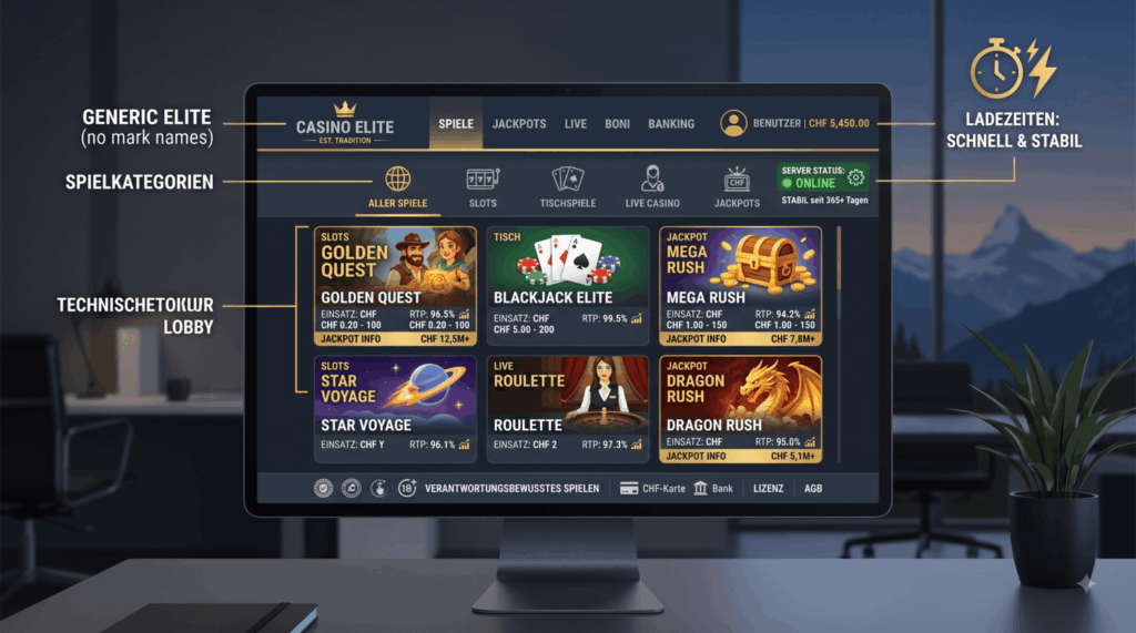 Moderne Casino-Lobby mit schnellen Spielstarts, RTP-Angaben und übersichtlichen Kategorien