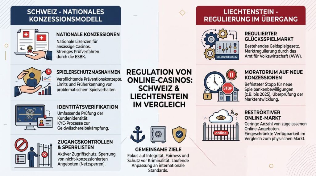 Vergleichsgrafik der Online-Casino-Regulierung in der Schweiz und Liechtenstein.