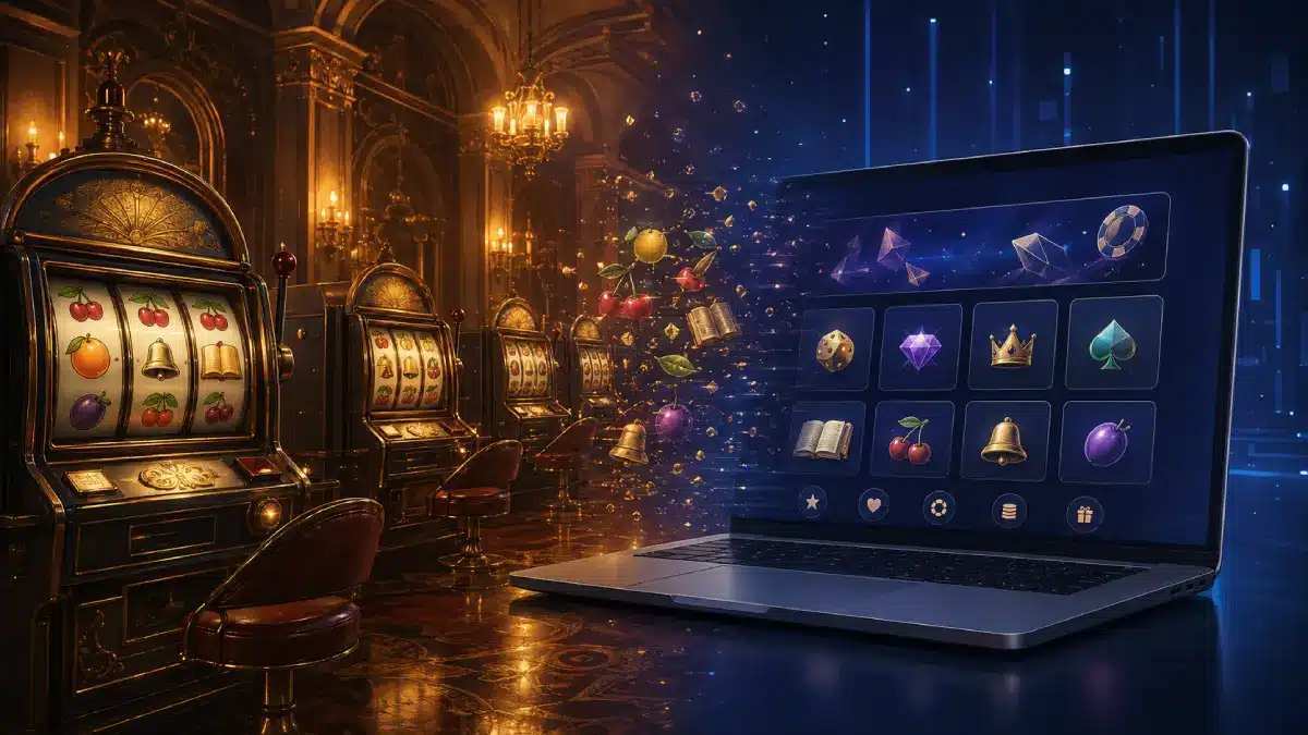 Traditionelle Spielhalle im Übergang zu einer modernen Online-Casino-Lobby
