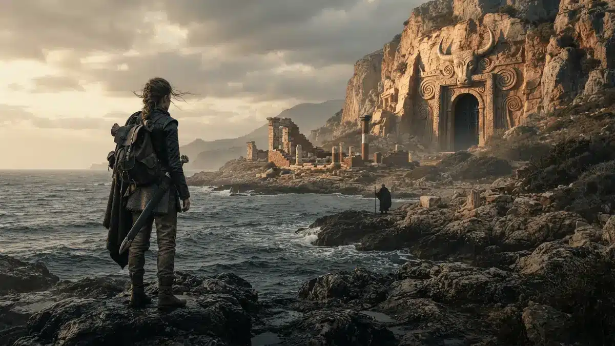 Junge Abenteurerin vor einer mysteriösen minoischen Inselruine in Resonance: A Plague Tale Legacy