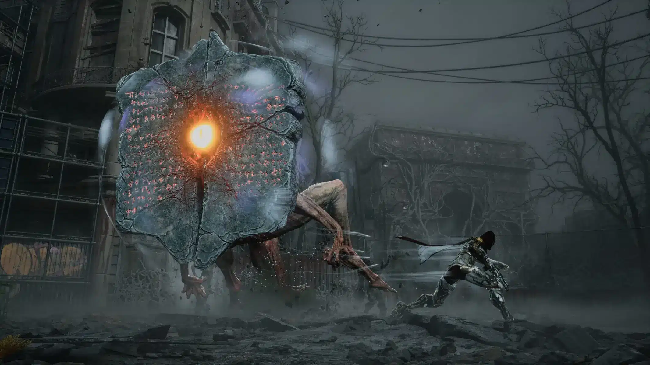 A armored character facing a massive stone monster with glowing runes in a ruined city