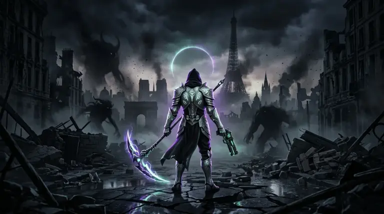Armored warrior with scythe overlooks demon-haunted Paris in Armatus
