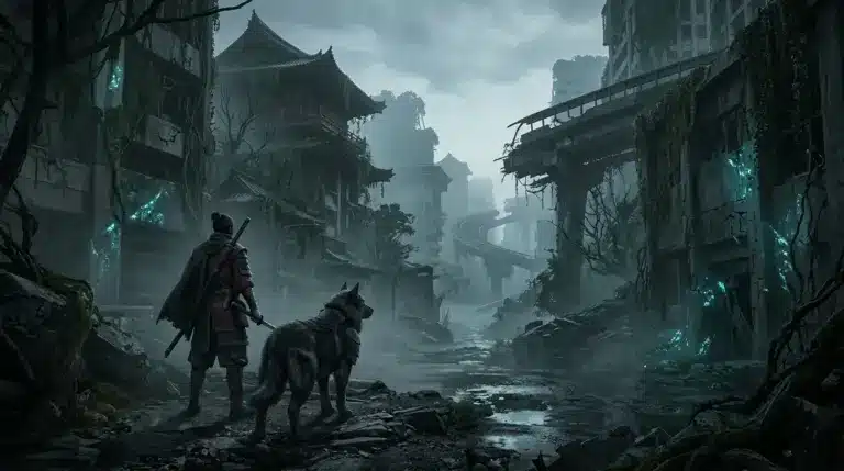 Emma and Koo travel through a ruined post-apocalyptic city in Beast of Reincarnation.