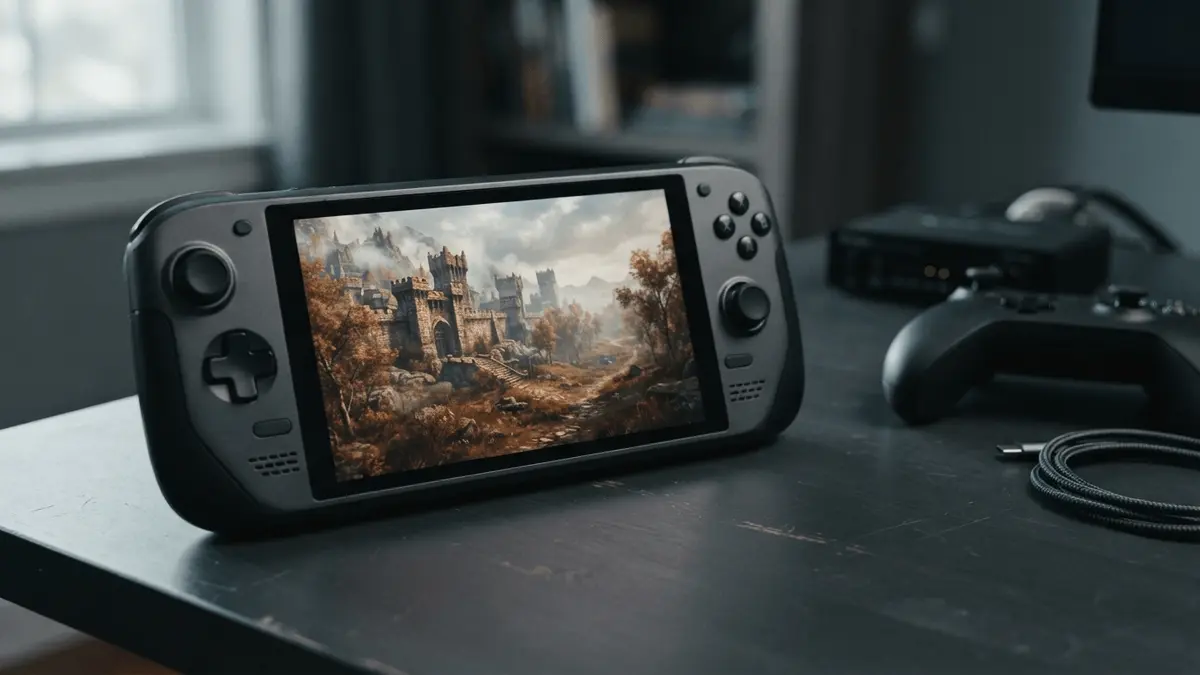 Handheld console displaying a fantasy remaster scene during a platform optimization test
