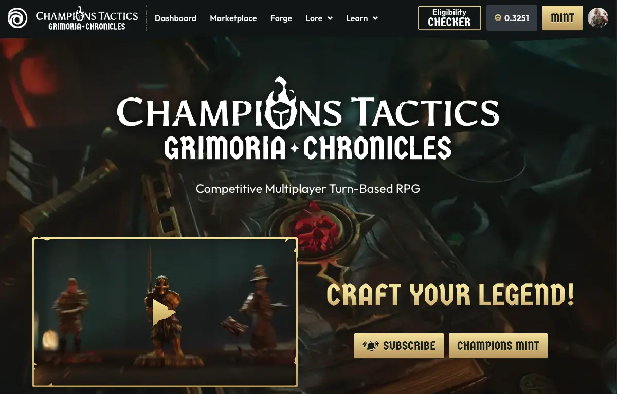 Homepage of Champions Tactics: Grimoria Chronicles featuring a video preview of miniature game characters