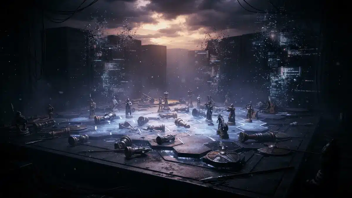 Abandoned tactical game board with fantasy chess pieces fading into darkness on a glowing hexagonal grid