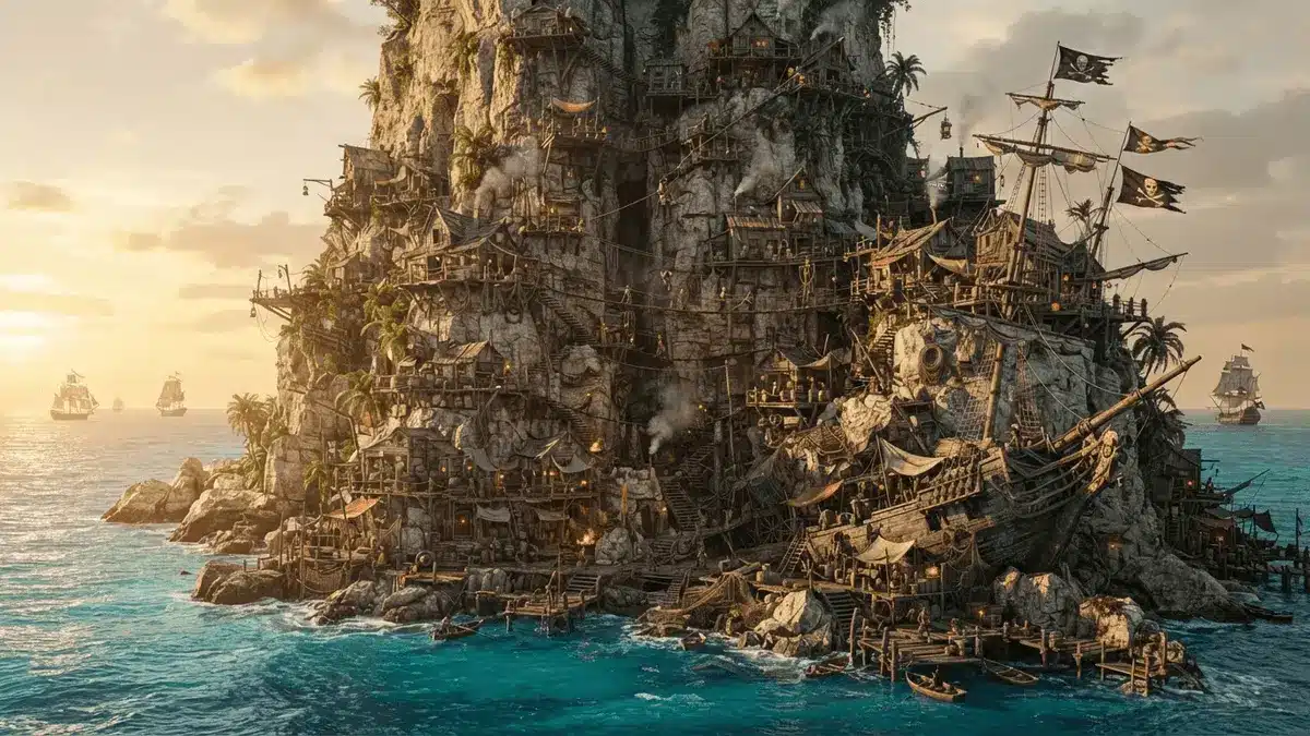 Vertical pirate settlement built into cliff with rope bridges and wooden structures over ocean