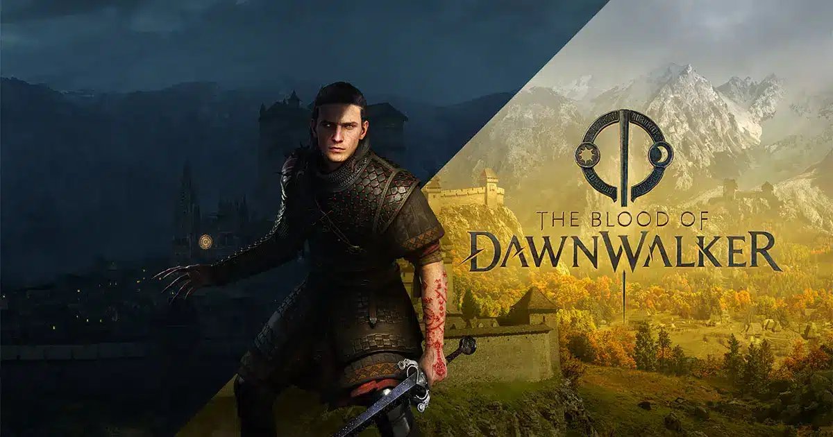 Key art for The Blood of Dawnwalker featuring a warrior in leather armor with a sword and mountains in the background