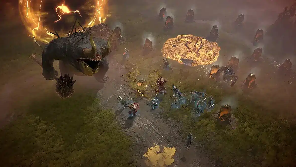 Diablo 4 gameplay showing a player fighting a massive beast elite monster and smaller minions