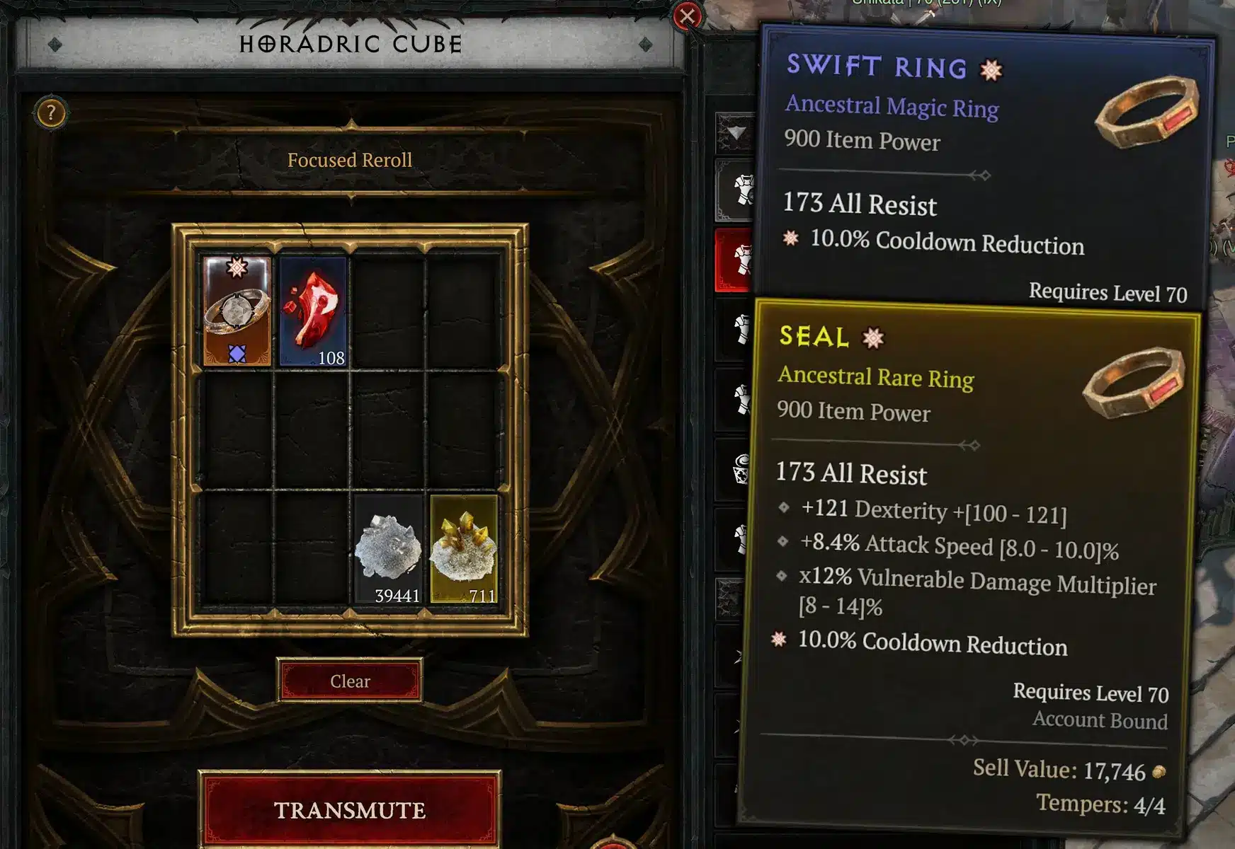 Diablo 4 Horadric Cube menu showing an Ancestral Magic Ring being transmuted for a Focused Reroll
