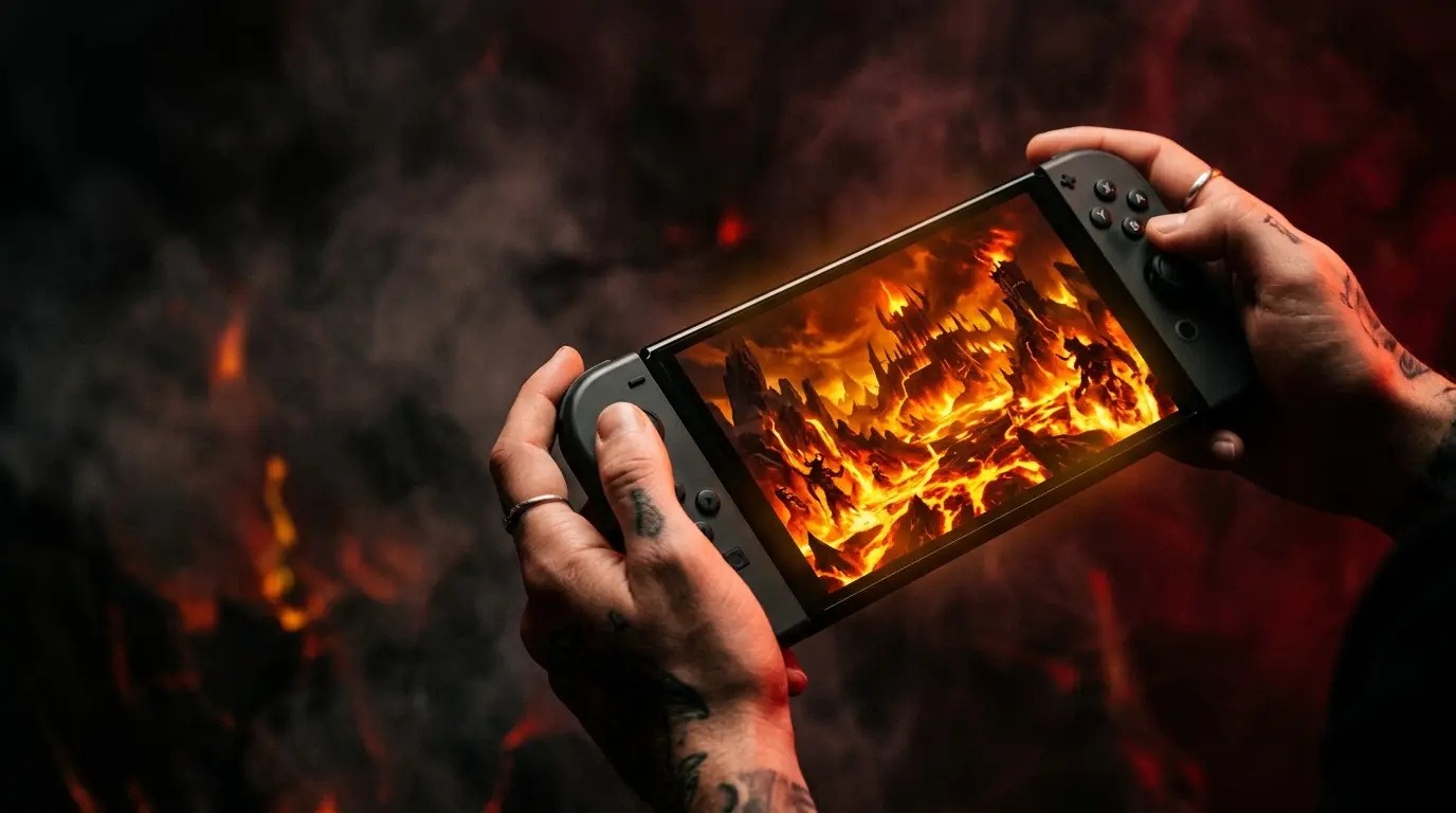 Nintendo Switch 2 console with glowing red screen in dark atmospheric setting