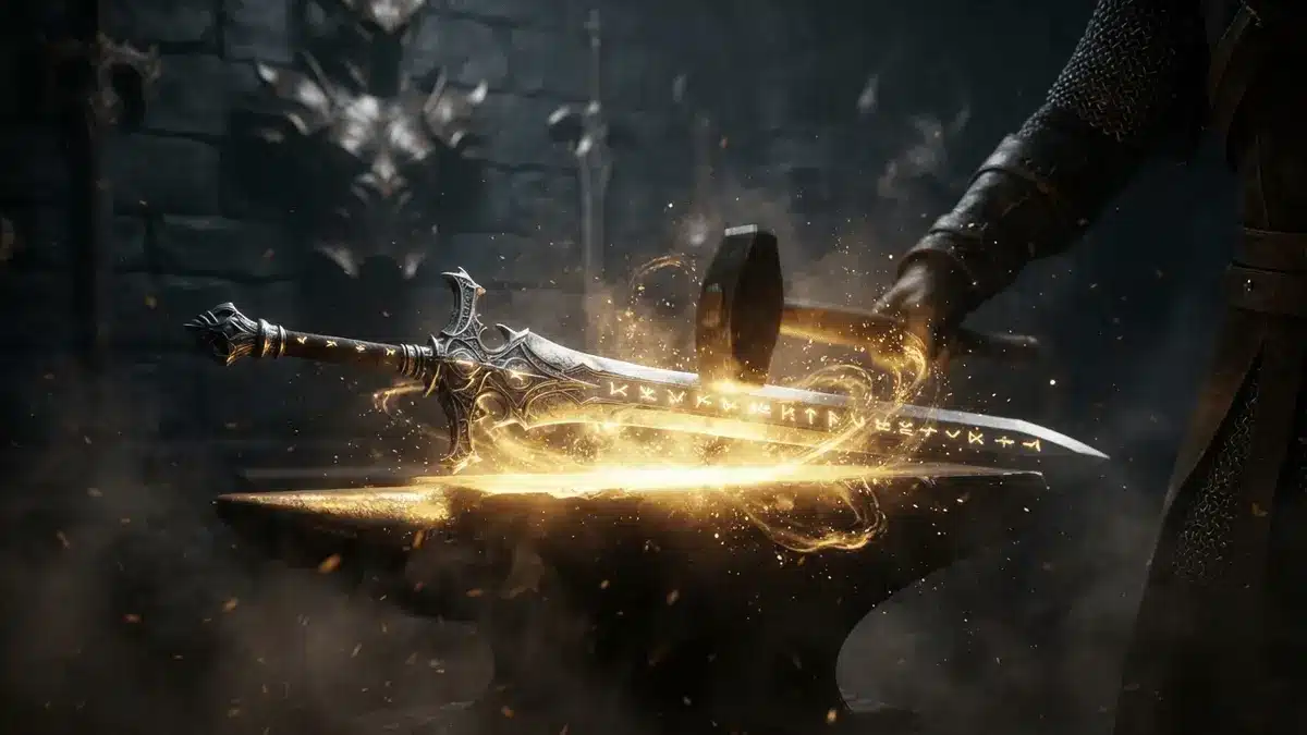 Legendary weapon being forged on heavenly anvil with divine golden light in Diablo IV