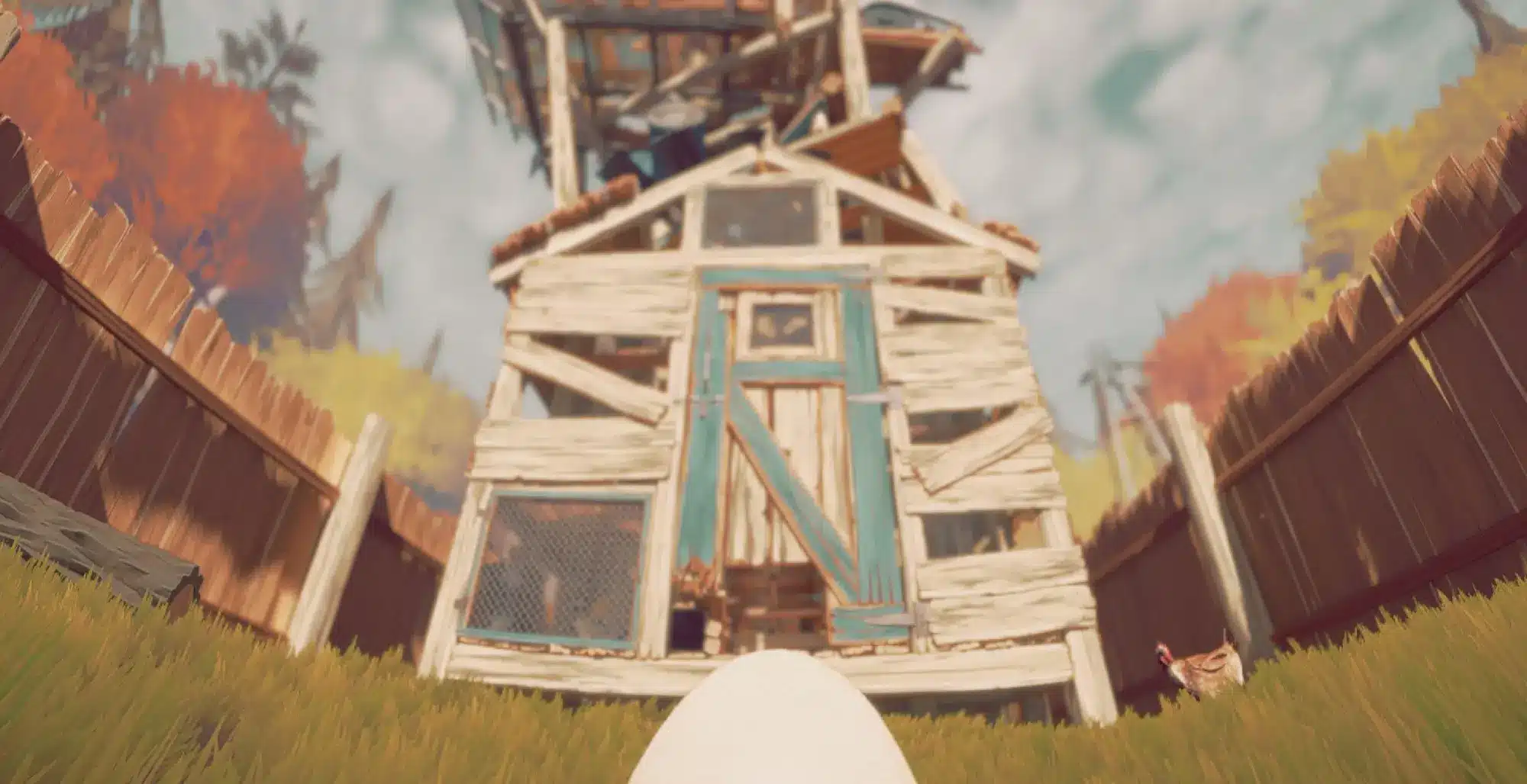 First-person view of an egg-shaped character looking up at a dilapidated wooden coop in Egging On
