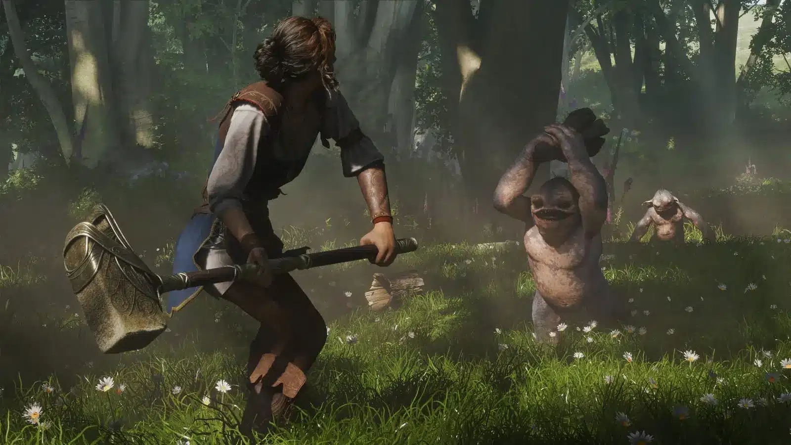 A female character wielding a large war hammer facing two small trolls in a sunny, grassy forest.