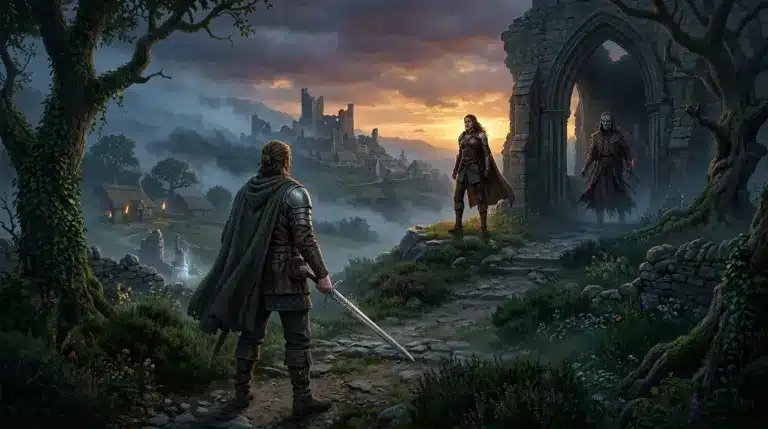 Cinematic fantasy scene with a warrior, armored woman and masked villain in misty Albion