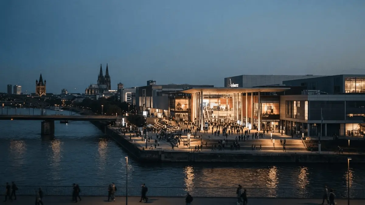 Illuminated Koelnmesse entrance in Cologne at dusk for a major international gaming event