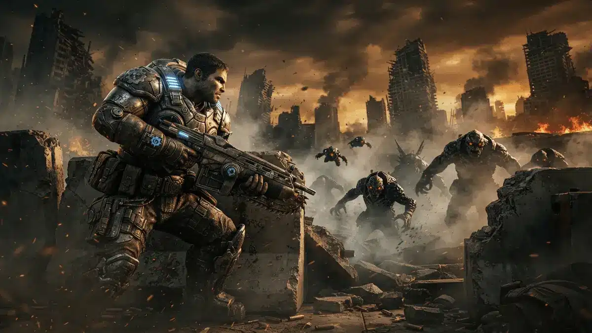 Gears of War soldier defending against Locust invasion in destroyed city
