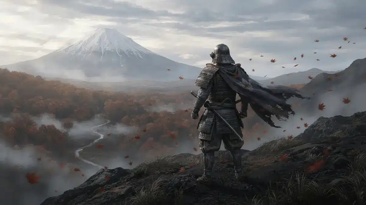 Samurai overlooking a misty mountain landscape in Ghost of Yōtei-inspired editorial artwork