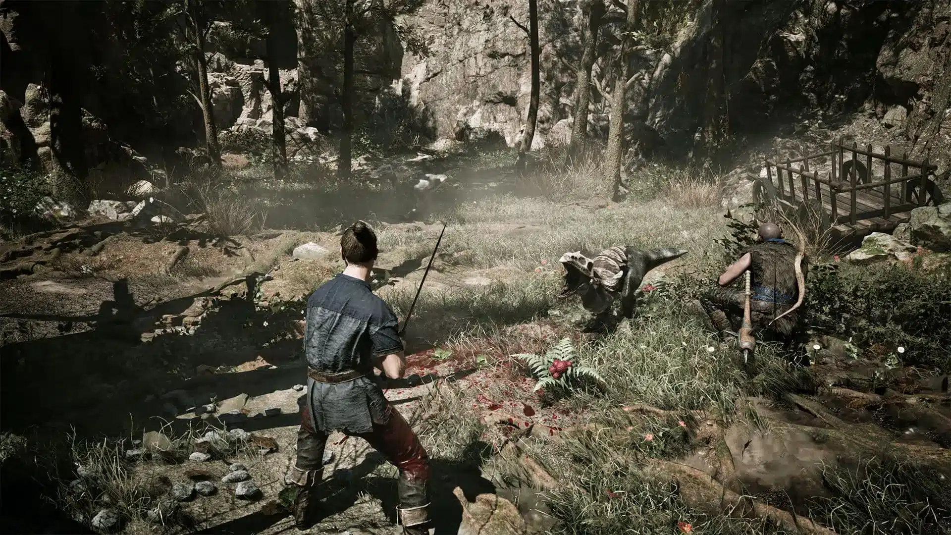 Third-person gameplay view of a character fighting a scavenger beast in a forested valley