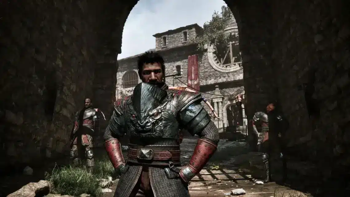 A warrior in detailed metal armor standing in a stone archway of a medieval town in Gothic Classic.