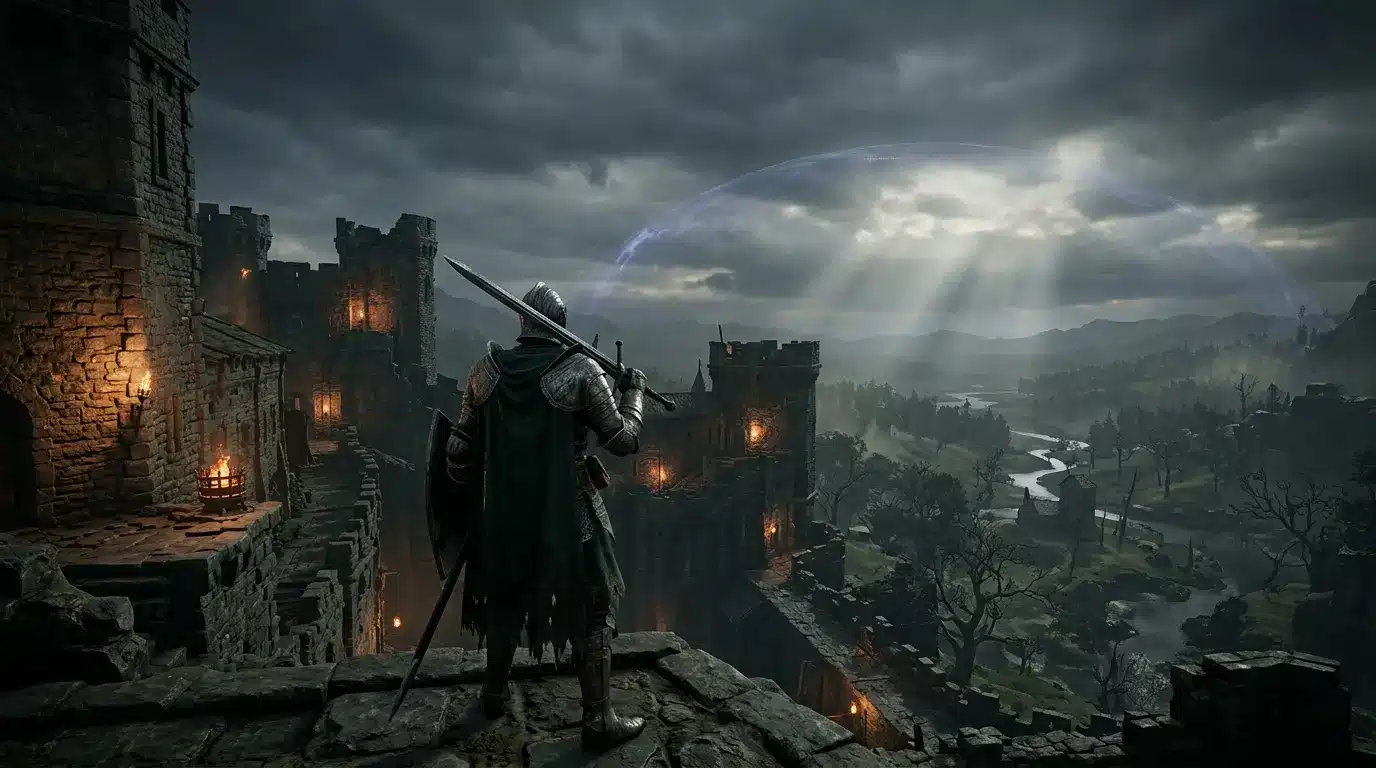 Armored warrior overlooking a medieval prison colony beneath a magical barrier in Gothic Classic