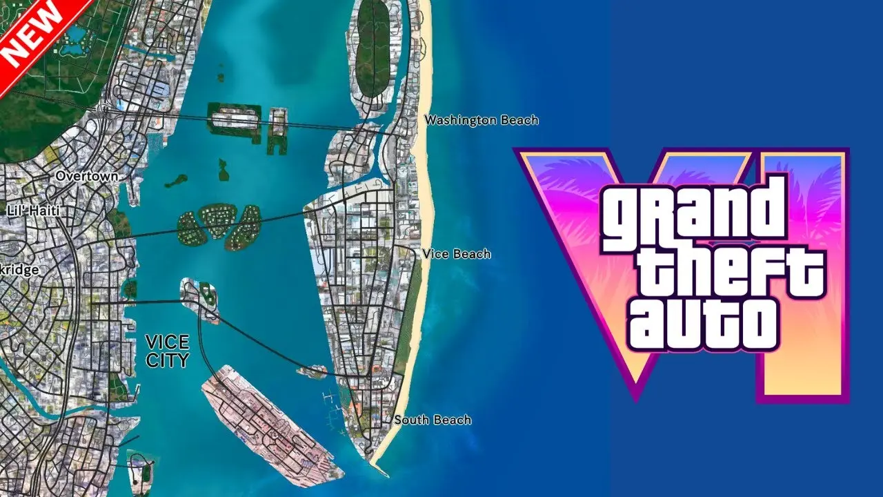 Fan-made map of Vice City alongside the Grand Theft Auto VI logo with a pink and blue gradient background