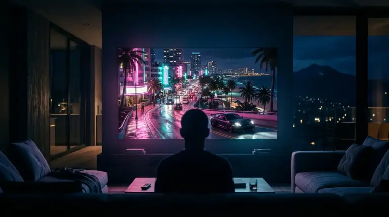 Cinematic late-night view of a tropical Vice City-inspired scene on a television during a streaming premiere