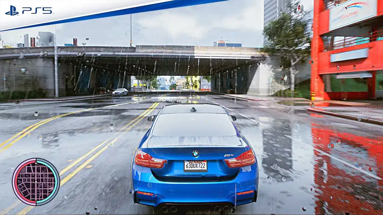 Third-person view of a blue BMW driving on a rainy city street with a PS5 logo and mini-map overlay