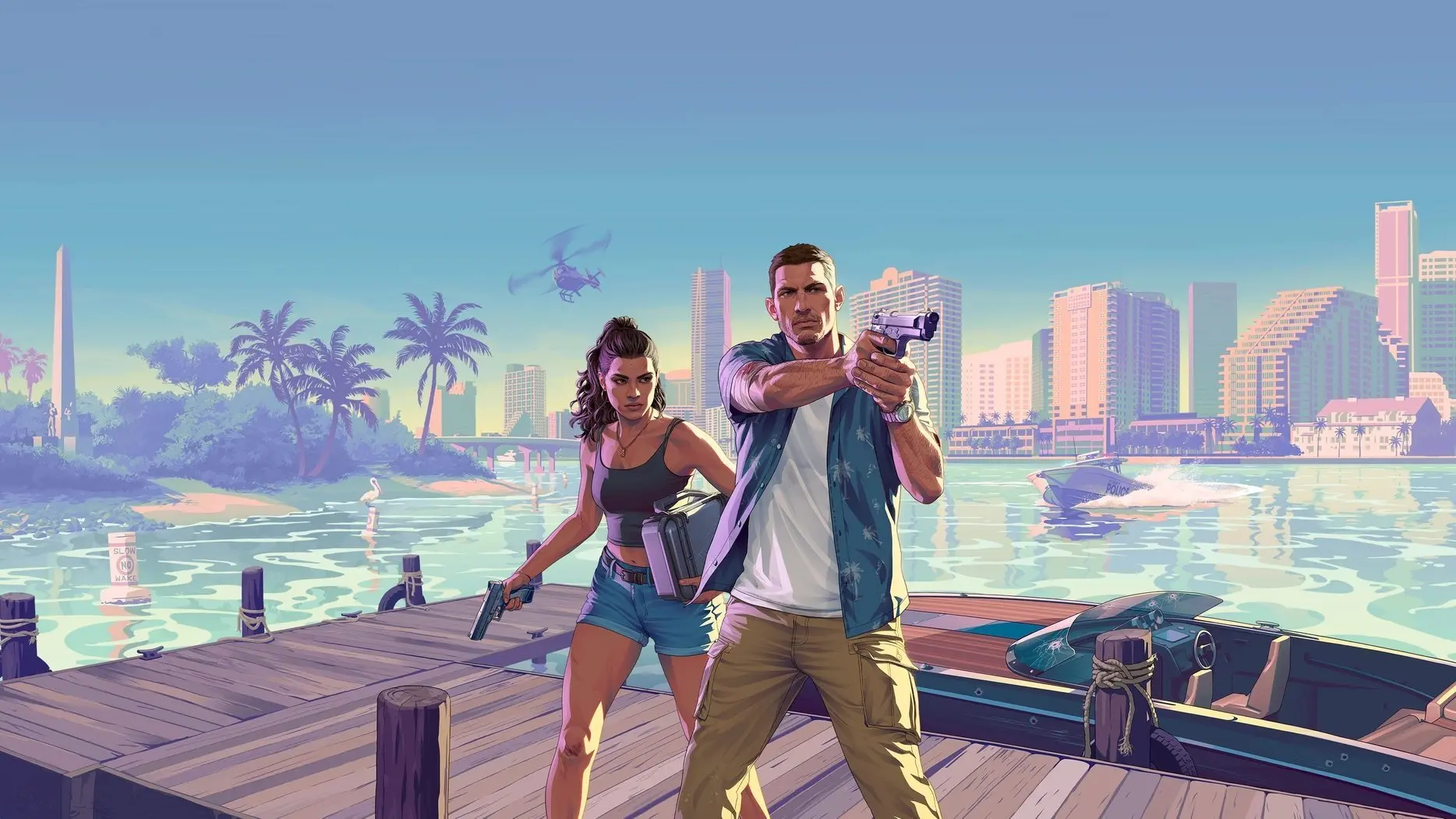 Digital illustration of Jason and Lucia holding guns on a dock with a city skyline and helicopter in the background
