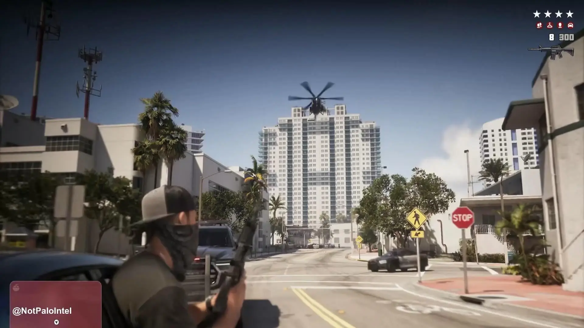 Third-person perspective of a character holding a rifle in a city street with a police helicopter overhead.