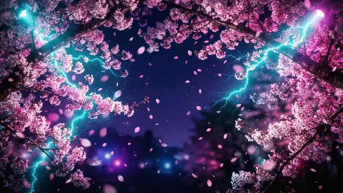 Cherry blossoms with electric lightning effects in vibrant concert lighting