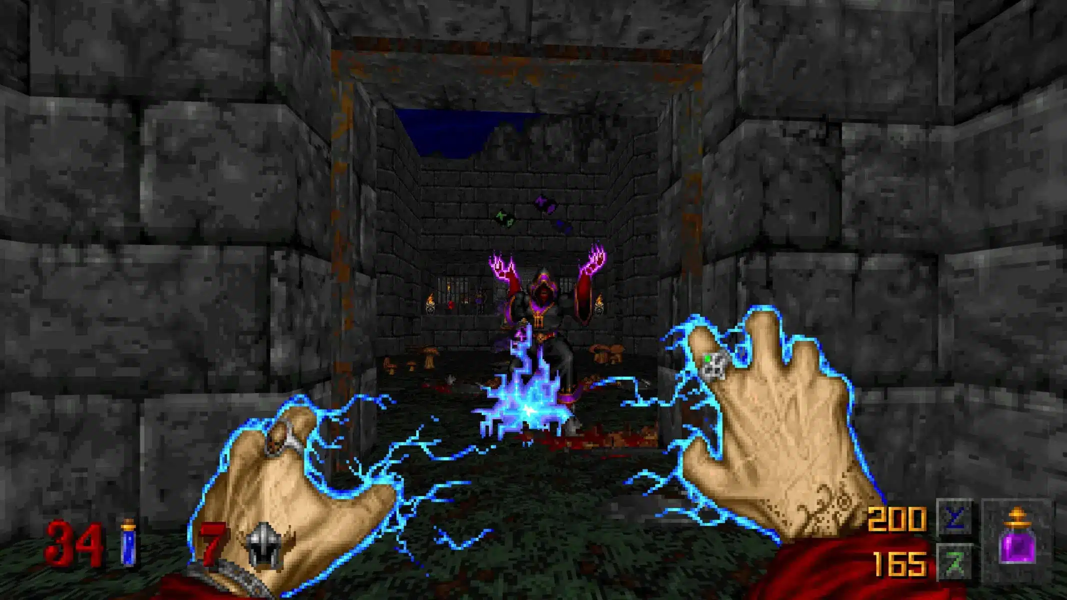 First-person view of a character casting blue electrical magic at a hooded enemy in a stone dungeon.