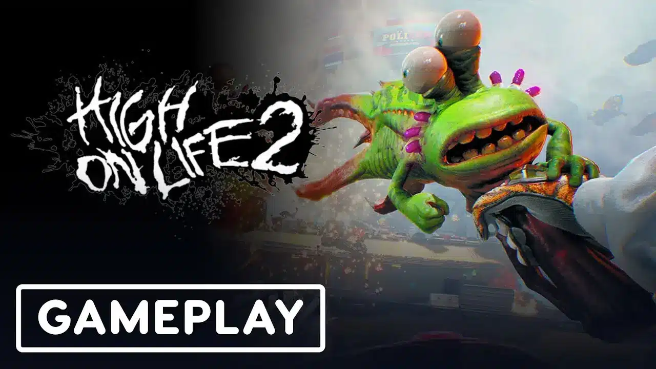 High On Life 2 gameplay screen featuring a green alien creature and the game's logo