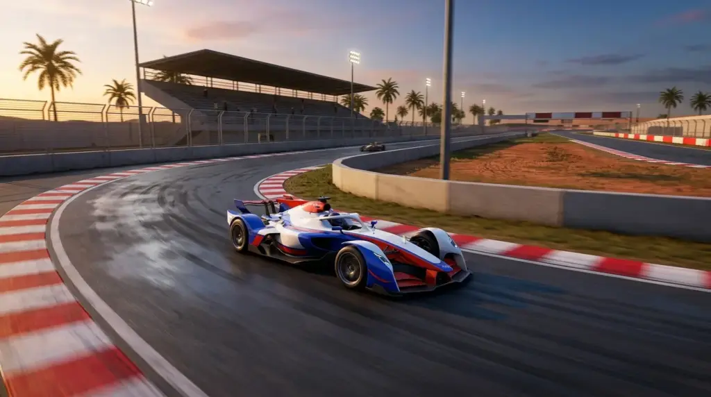 Fiktiver Rennwagen rast bei Nacht über eine moderne Rennstrecke in iRacing Arcade.