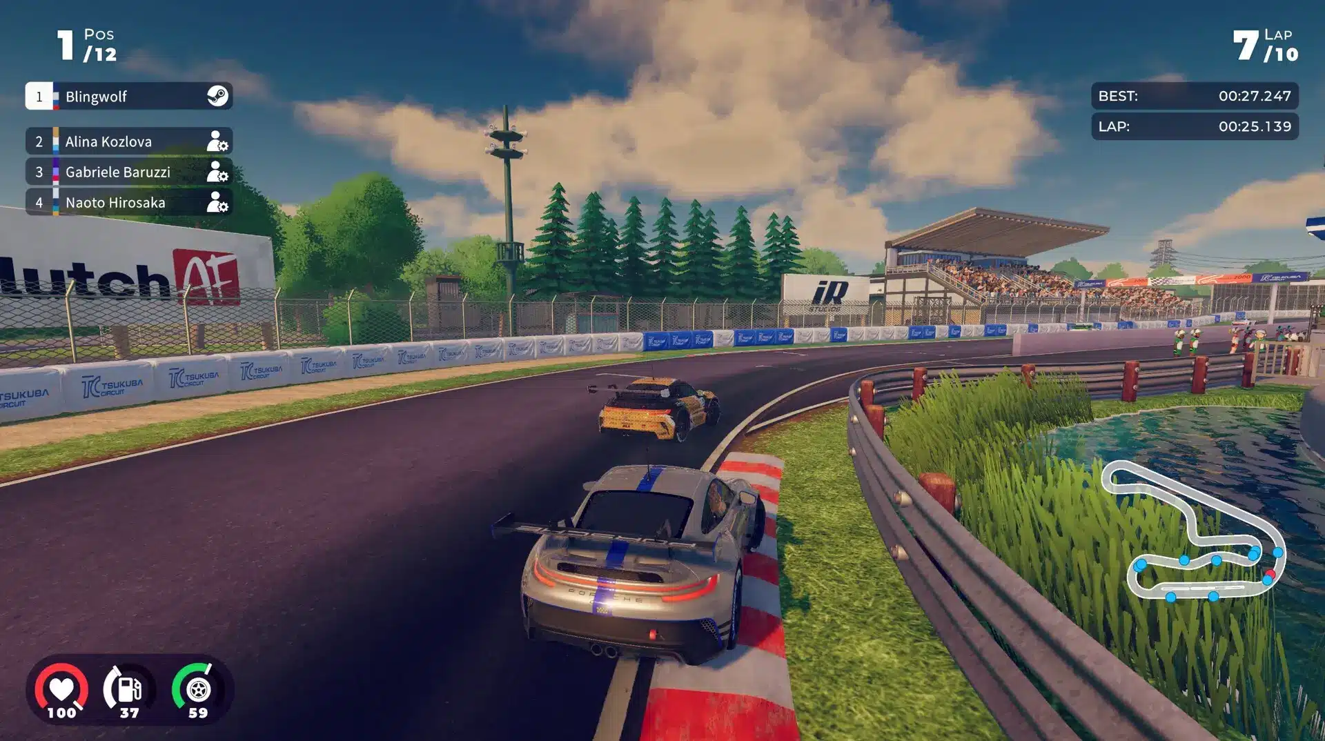Third-person gameplay view of a Porsche racing car on a track with iRacing branding and a digital UI overlay.