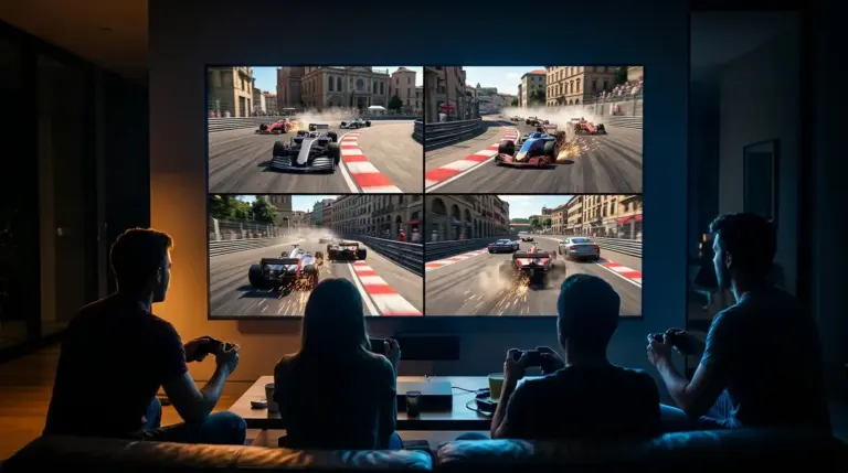 Four players competing in a console racing game through local split-screen multiplayer