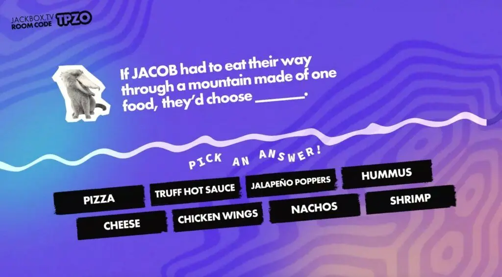 A gameplay screen from Fibbage asking what food Jacob would choose to eat through a mountain of.