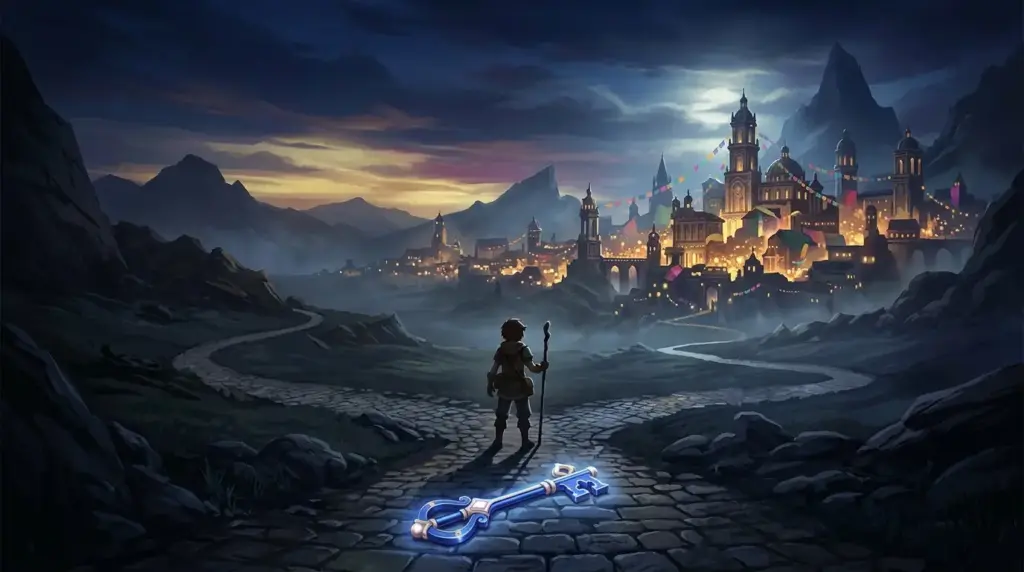 Cinematic fantasy scene evoking Kingdom Hearts 4 and its announced Coco-inspired world