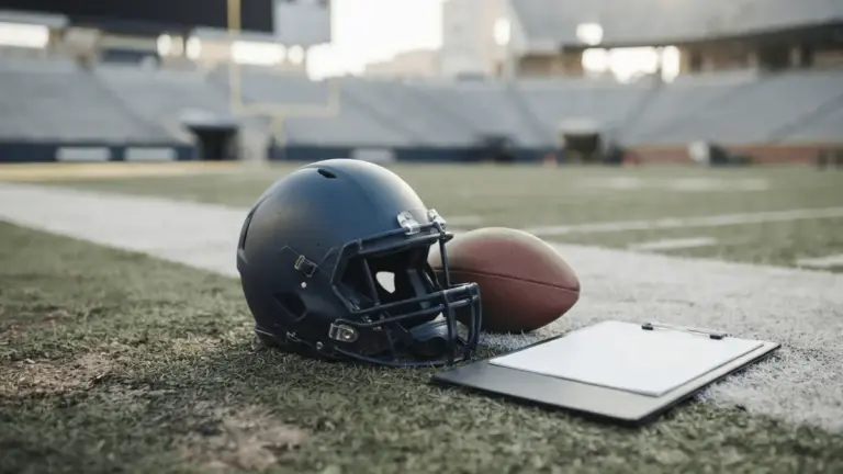 American football helmet and ball on a stadium sideline representing Madden NFL 27’s Franchise mode.