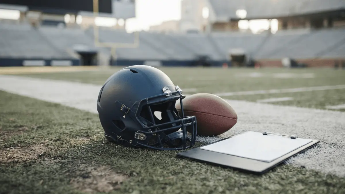 American football helmet and ball on a stadium sideline representing Madden NFL 27’s Franchise mode.