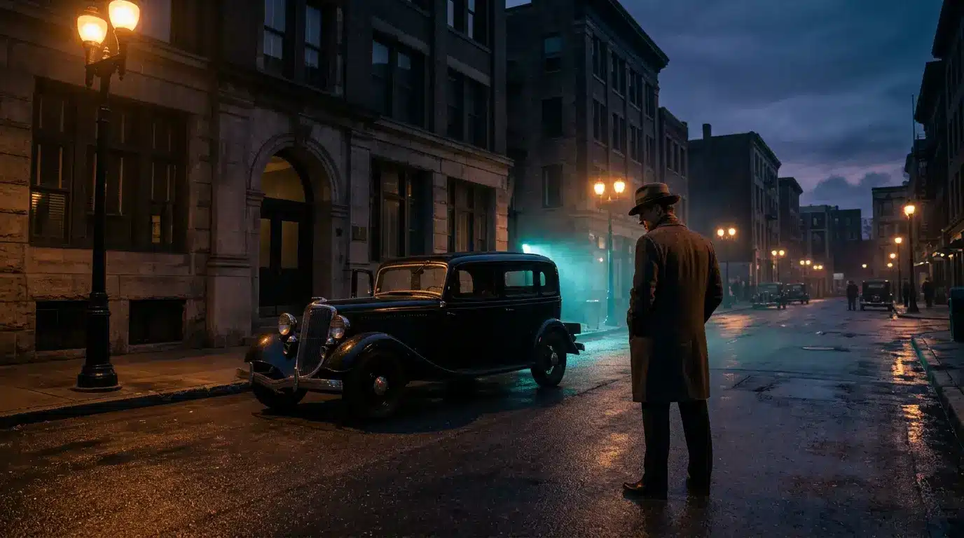 Cinematic 1930s Lost Heaven street scene evoking Mafia Definitive Edition on PS5